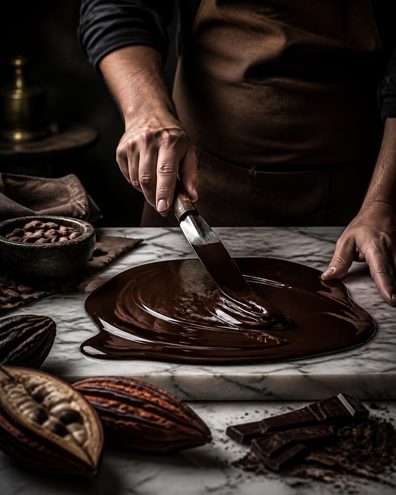 Chocolatier tempering molten chocolate on marble